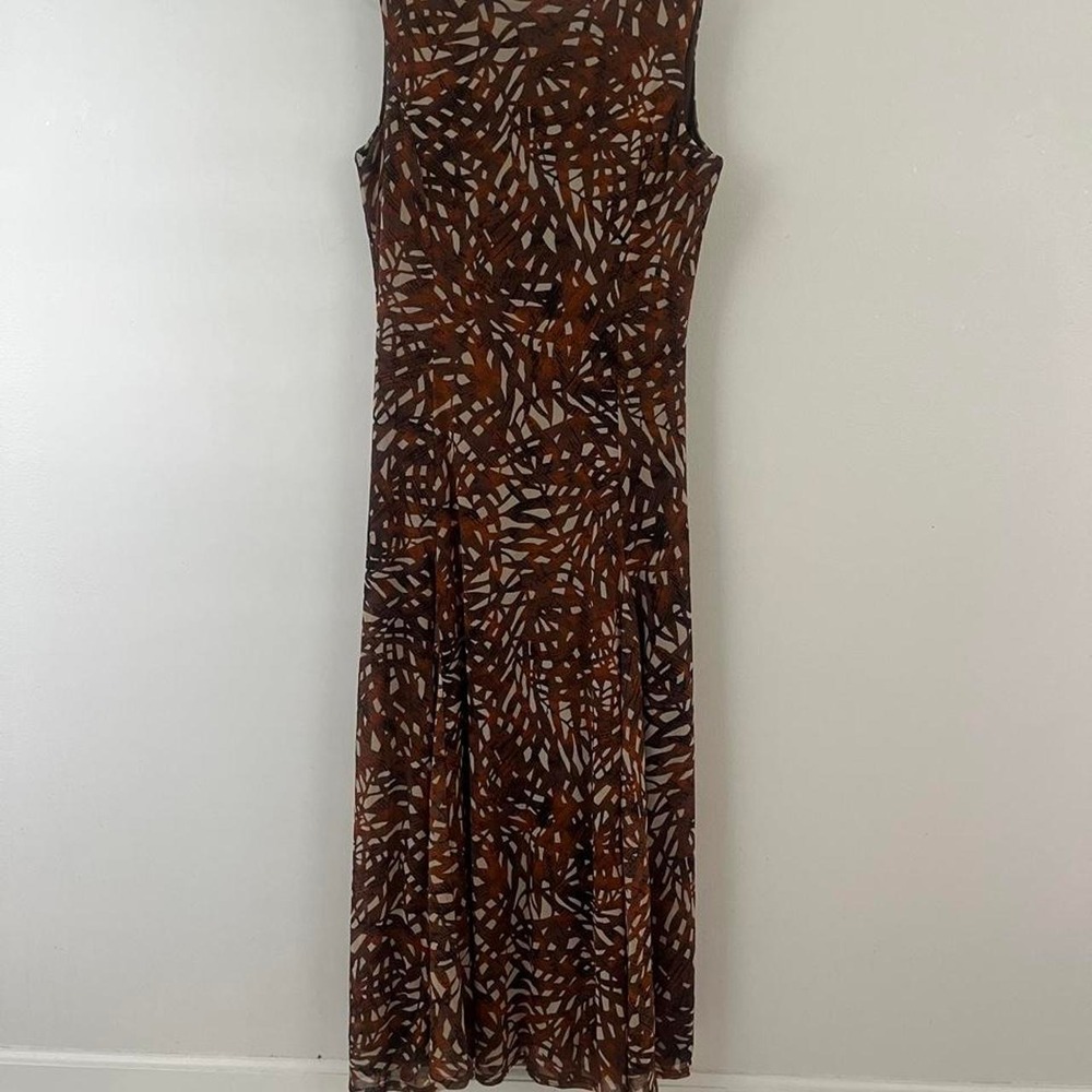Coldwater Creek autumn maxi brown and beige abstract leaf-like print dress 12